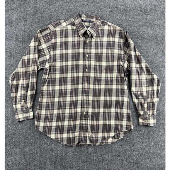 Nautica Shirt Mens Medium Brown Blue Plaid Button Down Long Sleeve Cotton Casual - Picture 1 of 14